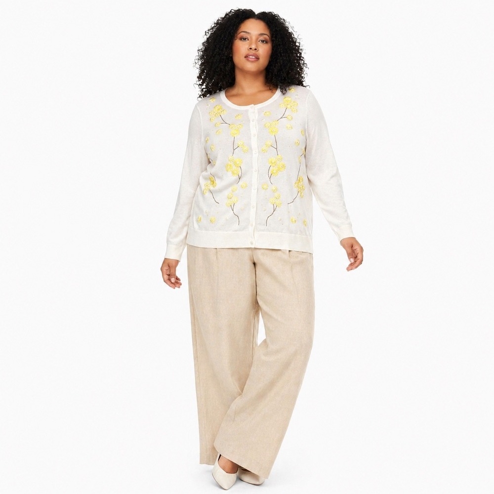 Talbots Womens Cardigan White 2X Floral Embroidered Beaded Cotton Preppy Classic